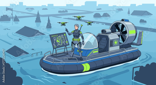 Futuristic flood response team deploying drones over flooded urban landscape