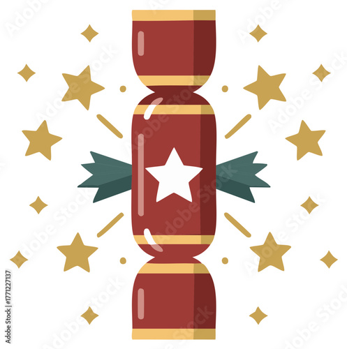 Red festive Christmas cracker with a star and golden sparkles flat vector illustration