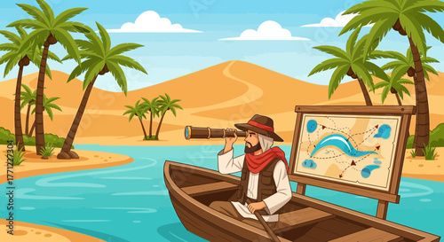 Cartoon illustration of explorer discovering oasis while navigating sandy desert river