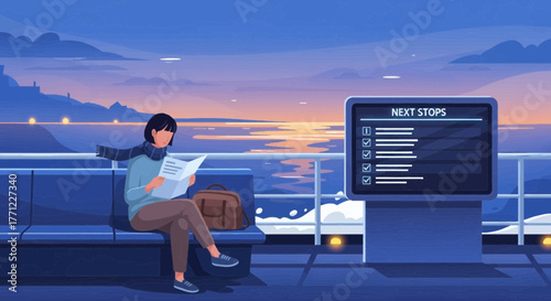 Woman reads a brochure while waiting for departure with mesmerizing twilight view