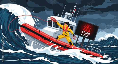 Brave Lifeguard Rescuing From Dangerous Storm at Sea with Storm Alert Warning Sign