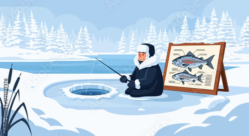 An outdoor ice fishing adventure during winter season with educational resources