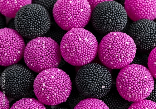 Closeup of many small round candies in pink and black