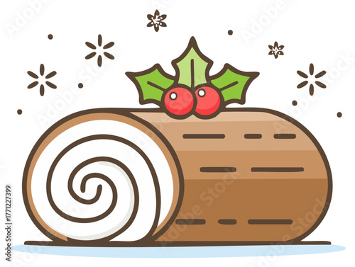 Festive Yule Log Cake with Berries and Holly Illustration Holiday Treat or Christmas Dessert Graphics