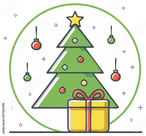 Festive green Christmas tree with a star and gift box, decorated for winter holidays celebration