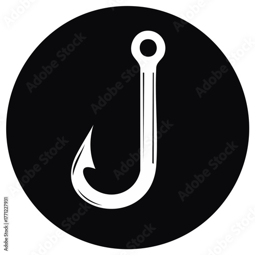Minimalist fish hook icon in a black circle vector illustration
