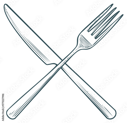 Stylized Cross Hatch Fork and Knife Illustration Representing Dining Table Cutlery