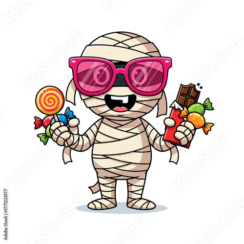 Cartoon mummy character wearing sunglasses holding candy and chocolate, smiling happily.