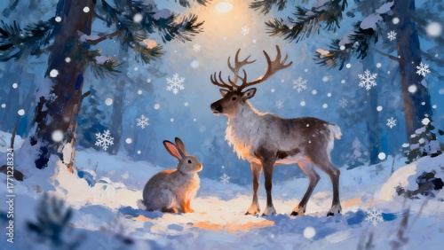 Wallpaper Mural An abstract winter scene featuring a reindeer and a rabbit in a snowy landscape, surrounded by pine trees and snowflakes. Torontodigital.ca