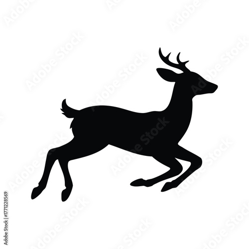 Black silhouette of a graceful deer leaping across a stark white background, fawn leaping silhouette vector illustration