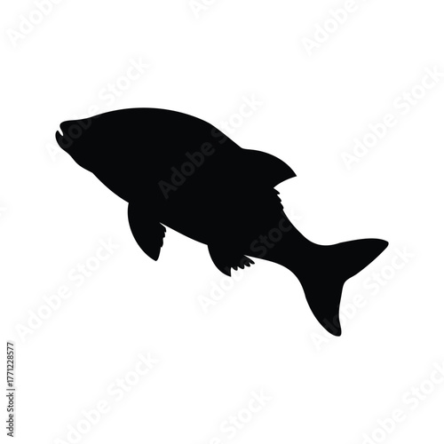 Black silhouette of a largemouth bass, a popular sport fishing fish, fish caught in fishing net silhouette vector illustration