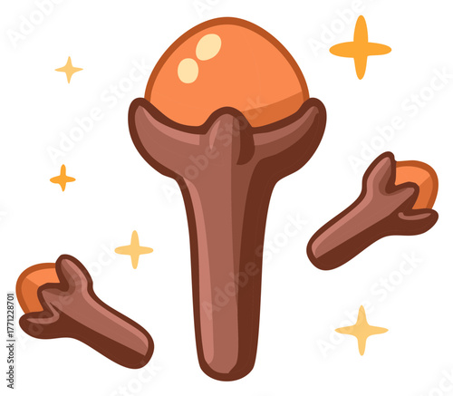 Vibrant vector illustration of aromatic cloves with decorative star sparkles