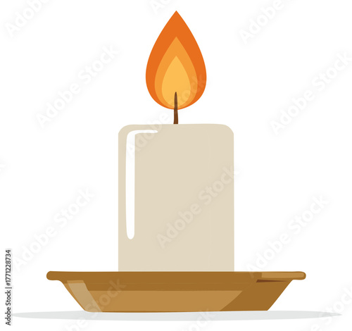 Simple vector illustration of a lit white pillar candle with a warm glowing flame in a holder