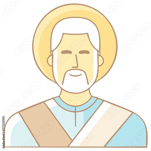 Portrait illustration of a holy Christian saint with a golden halo and white beard