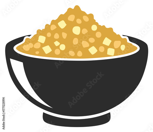 Bowl of prepared food, yellow and brown ingredients on a dark bowl, cooking concept