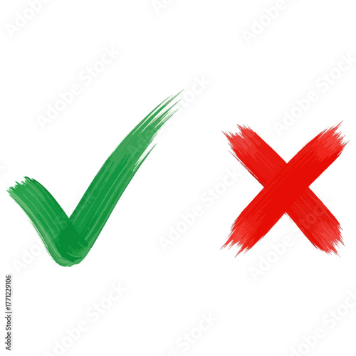 Green Check Mark and Red Cross Symbol Hand Drawn Brush Strokes Isolated on White Background for Approval and Rejection Concepts