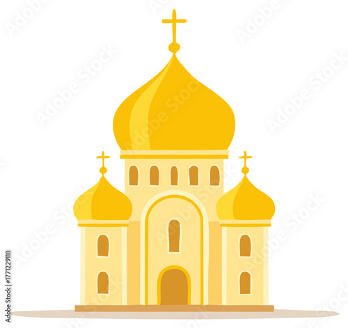 Stylized Orthodox Christian church with golden onion domes and prominent crosses vector illustration