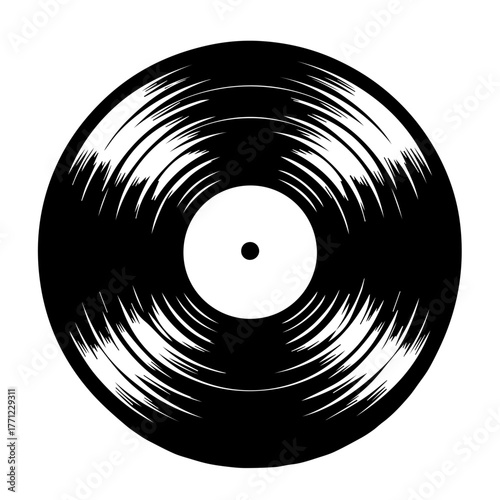 Black and white vector silhouette of Spinning Vinyl Record.