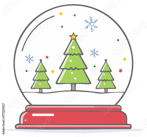 Whimsical Snow Globe with Christmas Trees, Falling Snowflakes, Cute Holiday Illustration