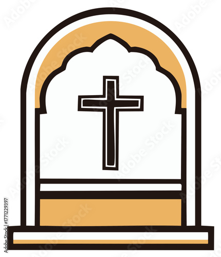 Stylized Christian cross on an arched tombstone monument with a traditional ornate architectural design.