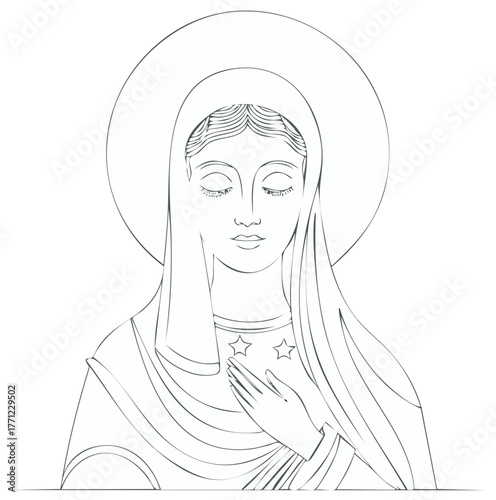 Artistic line drawing of a religious figure with closed eyes and stars