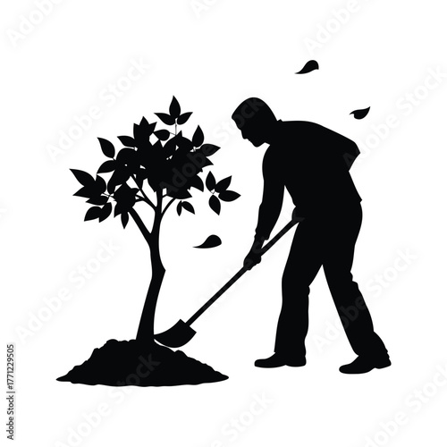A silhouette of a person planting a tree using a shovel outdoors, person raking leaves with tree silhouette vector illustration