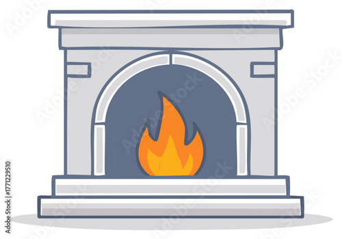 Cartoon illustration of a fireplace with fire, home, cozy, warm, and classic design