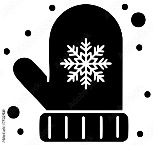 Winter Mitten Graphic with Snowflake Detail and Falling Snow Vector Illustration