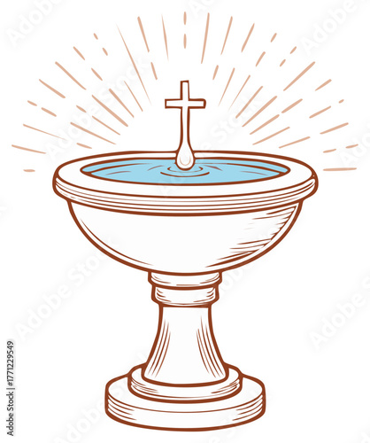 Christian baptismal font with cross dropping holy water, spiritual light rays and ripples