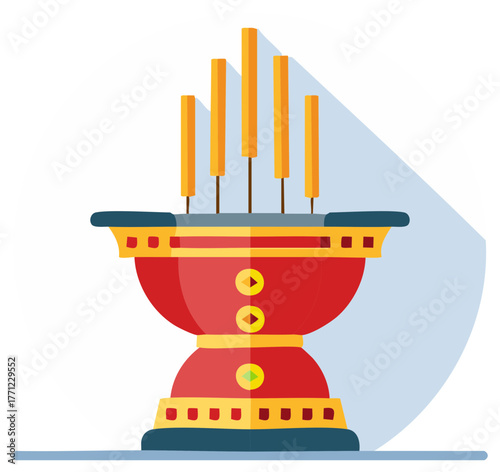 Ornate red and gold Asian incense burner with joss sticks, a flat design vector icon for spiritual worship.