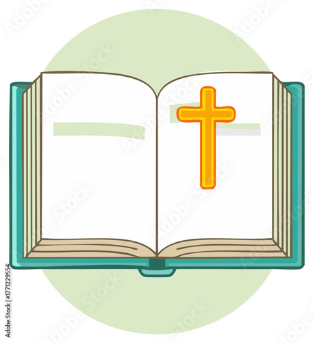 Cartoon illustration of an open book with a cross on the right page, religious themes and graphic style