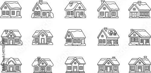 Collection of cozy winter houses with snow-covered roofs in outline style