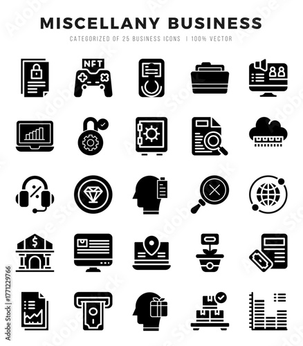 Collection of Miscellany Business 25 Glyph Icons Pack.