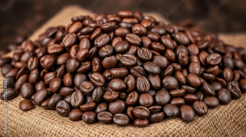 Fototapeta premium Roasted Coffee Beans on Rustic Sack: A close-up showcases a pile of freshly roasted coffee beans, their rich brown hues and tantalizing aroma suggesting warmth and comfort.