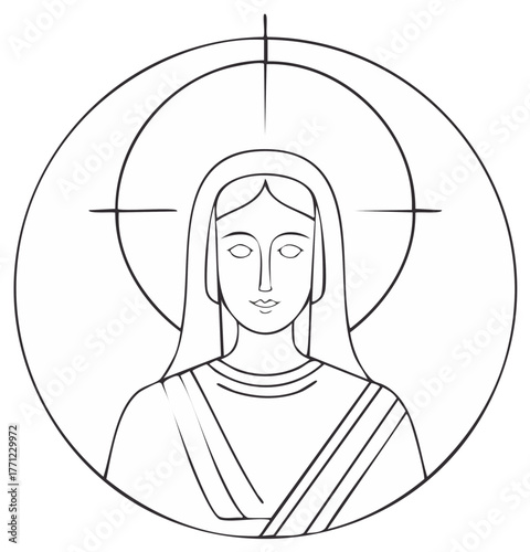 Elegant line art depicts a serene woman with halo, symbolic of devotion and faith, minimalistic circular emblem with cross behind her.