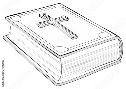 Closed Christian book icon with cross, symbol of faith and religion in simple line art.