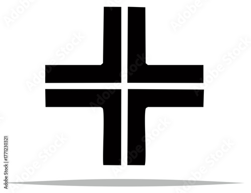 Stylized black cross symbol with horizontal and vertical bars intersecting