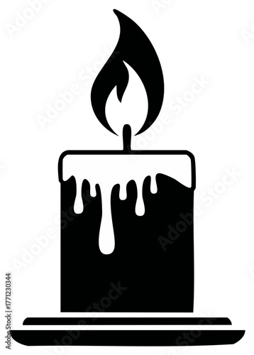 Simple black and white icon of a lit candle with dripping wax and a flame