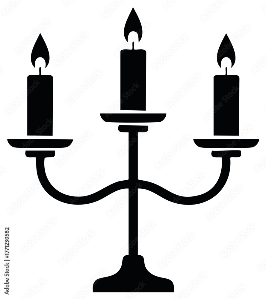 Fototapeta premium Elegant three armed candelabra with lit burning candles black silhouette icon