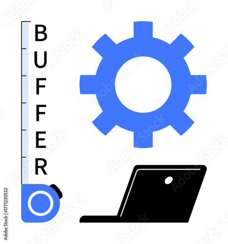 Vertical buffer indicator, gear icon, and laptop visualizing process management, task automation, optimization. Ideal for workflow, software, technology, productivity monitoring efficiency simple