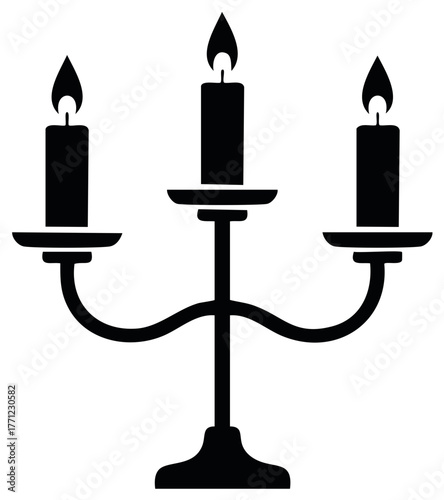 Elegant three armed candelabra with lit burning candles black silhouette icon