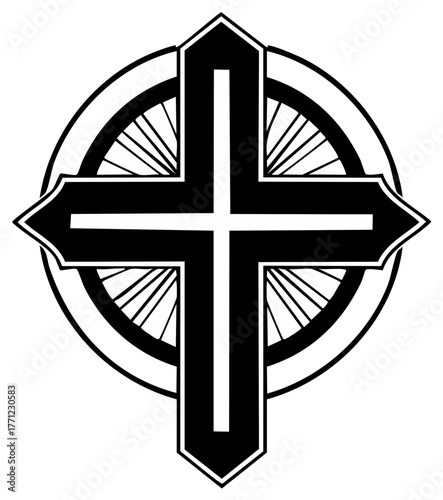 Christian Cross Geometric Symbol with Circle and Spokes Religious Faith and Spirituality Icon