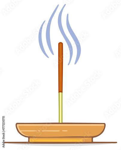 Incense Stick Burning with Smoke Above Wooden Holder