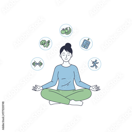 Minimalist flat vector illustration of person meditating with icons of healthy food, glucose meter, and exercise for diabetes balance and self-care
