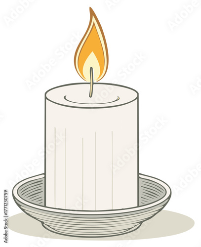 Glowing candle flame illuminating a white candle on a decorative plate