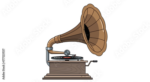 Vintage gramophone playing music with horn and turntable retro audio device isolated on white background