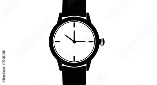 Classic analog wristwatch with black strap and white dial minimalist design isolated on white background