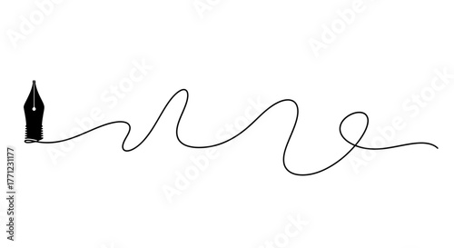 Classic fountain pen draws a wavy line of ink symbolizing creativity and expression isolated on white background