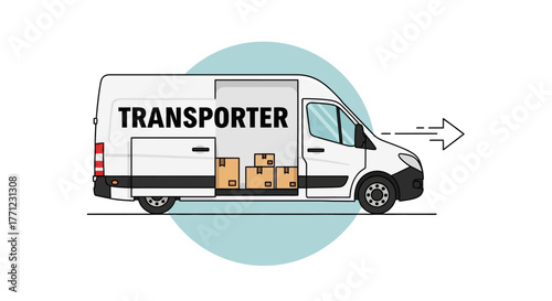 Modern white transporter van delivering goods with arrow motion indicating movement isolated on white background