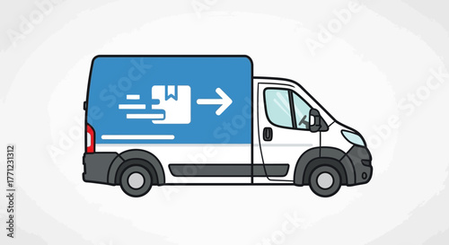 Dynamic delivery van with speedy package icon representing fast shipping and logistics services isolated on white background